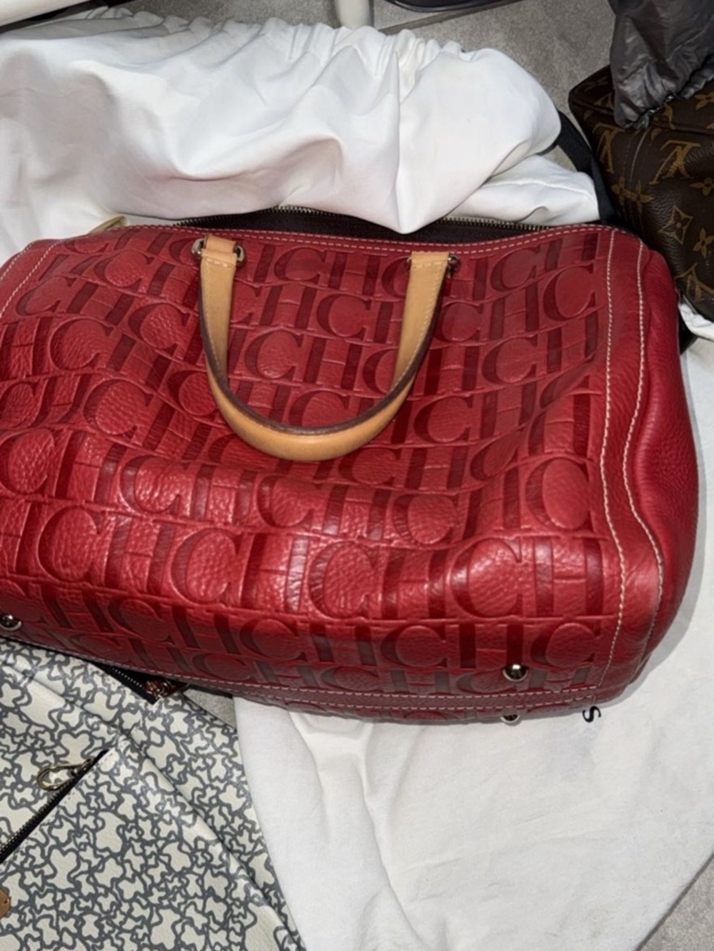 Carolina Herrera Red Embossed Leather Satchel with Tan Handles